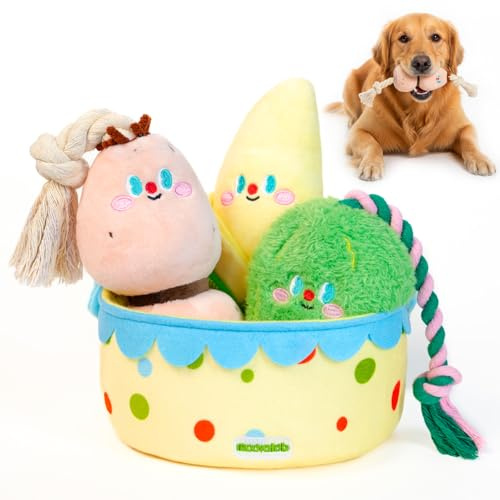 moovalab 3Pcs Vegetable Plush Puppy Toys Set with Storage Basket, Squeaky Toy & Rope Toy Puppy Teething Dog Toys for Small Medium Dogs, Interactive Dog Chew Toy for Boredom Playing Training