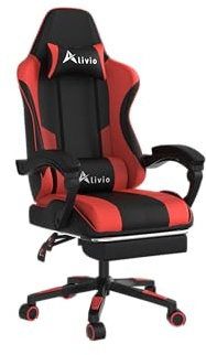 Alivio Ergonomic Gaming Chair with Massage Lumbar Cushion & Retractable Footrest, 360° Recline & Swivel Breathable Leather Office Massage Chair, PU Leather Video Game Chair (Red)