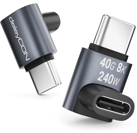 deleyCON Adaptador USB-C Acodado 90° (2 Unidades) - 40 Gbps, 240 W, 8K60Hz, USB 4.0, Carcasa de Aluminio, Conector USB-C a Puerto USB-C - para Smartphone, Tablet, Portátil, MacBook, PS5, etc.