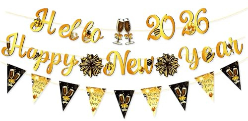 2026 Happy New Year Banner – Schwarz Gold Glitzer Neujahrs Girlande, Hello 2026 Silvester Deko, Festliche Banner für Party & Feier Supplies