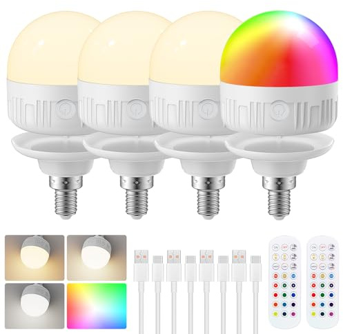 LGMCF Lot de 4 ampoules LED rechargeables avec télécommande, E14 à intensité variable, couleurs RVB avec batterie, 8 W Touch Control avec fonction de minuterie, éclairage de secours avec aimant