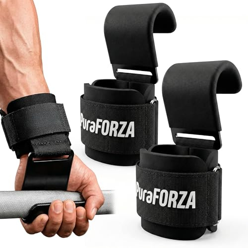 PuraFORZA Ganchos de Levantamiento de Pesas Par, Straps Gym – Ganchos para Pesas para Peso Muerto, Dominadas y Encogimientos, Correas de Agarre para Entrenamiento en Gimnasio