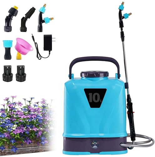 Drucksprüher 10L mit 5 Düsen und 2 Akkus, 34-63cm Teleskop-Sprühstab | Elektrische Gartenspritze, Drucksprüher Akku Rückenspritze mit Komfort Schultergurt für Garten Rasen Landwirtschaft