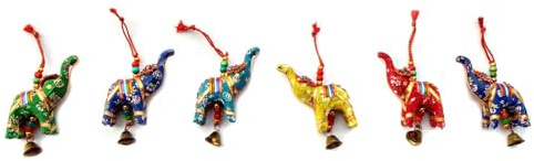 Rastogi indisches, traditionelles Kunsthandwerk in Elefantenform mit Glöckchen zum Aufhängen, 6 Stück, Weihnachtsdekoration, mehrfarbig, mix
