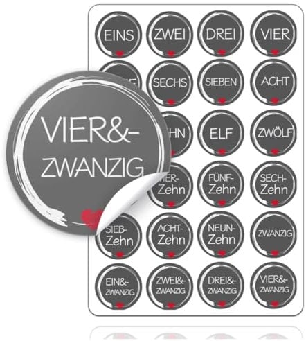 Adventskalender Weihnachten Aufkleber Etiketten Sticker Zahlen Buttons 1-24 DIY selbstklebend zum basteln mit Kraftpapiertüten (Edition 1)