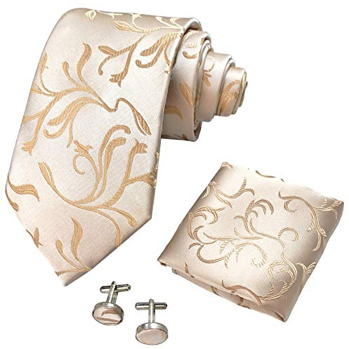 CANGRON Herren Champagner Gold Blumen Krawatte Set Krawatte mit Einstecktuch Manschettenknöpfe Geschenkbox DLSH8JS