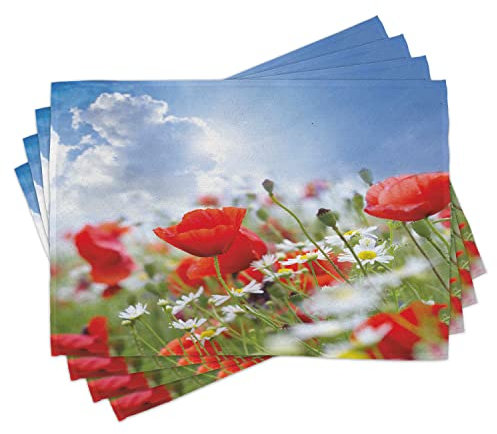 ABAKUHAUS Land Platzmatten, Spring Meadow, Waschbare Stoff Esszimmer Küche Tischdekorations Digitaldruck, Blau Zinnoberrot
