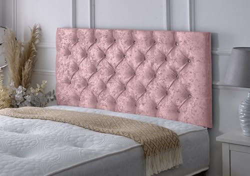 Chesterfield Diamante Frame Divan Bed Headboard | Crushed Velvet Headboards for 4ft6 Double Size Bed | Elegant design with wooden material headboards for beds (Baby Pink, 4ft6 Double Height-20inch)