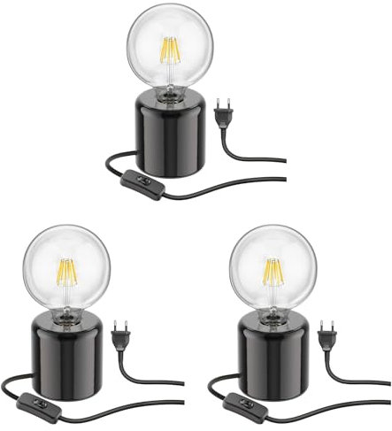 ledscom.de 3 Stück Tischlampe TIPO Porzellan rund schwarz Kugel inkl. E27 G125 Filament Lampe 7,123W warm-weiß 838lm