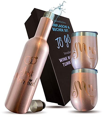 UP GREAT Hochzeitsgeschenk für Brautpaar Just Married I Edelsthal Thermosflasche und Becher I Mr & Mrs in Rosegold I KLEINES Geschenk zur standesamtlichen Hochzeit Trauung