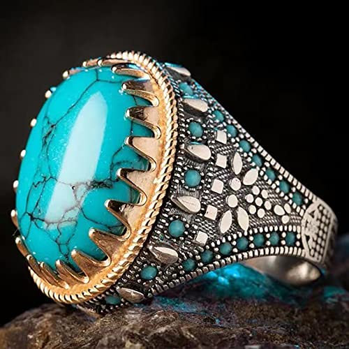 Herren Ringe Siegel Ringe Band Vintage Geschwärzt Mit Stein-Saphir-Blau Ring Damenringe Damen Gravur Vintage Biker Ring Set Retro Ring für Herren Männer (Blue, 67.2(21.4))