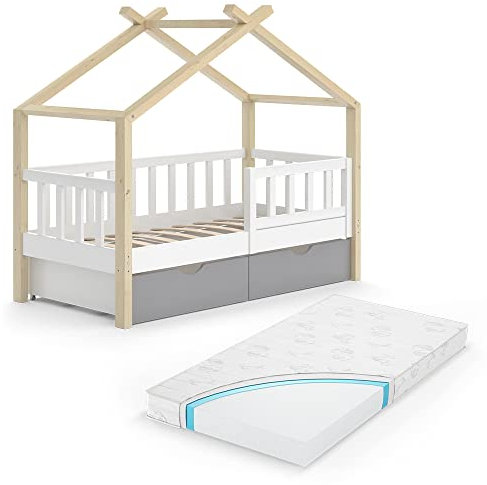 VitaliSpa Hausbett Design, Weiß/Naturholz/Naturholz, 70x140 cm mit Schubladen und Matratze
