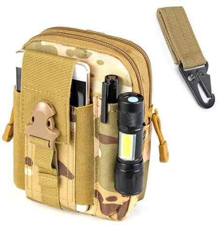 PISCORUSH Taktische Hüfttaschen, MOLLE EDC Hüfttasche Outdoor Gürteltasche Bauchtasche Handytasche Tragetasche für Smartphone, Kompakt und leicht (Mit Gurtbandkarabiner, Tarnfarbe)