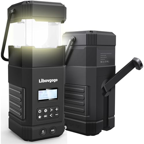 Libovgogo DF-585D UKW DAB DAB+ Kurbelradio mit akku 5000mah,14W IP65 Wasserdichter Stereo Bluetooth Lautsprecher,LED Solar Campinglampe mit Handyladefunktion, 3 Lichtmodi,Taschenlampe,Wecker Schwarz