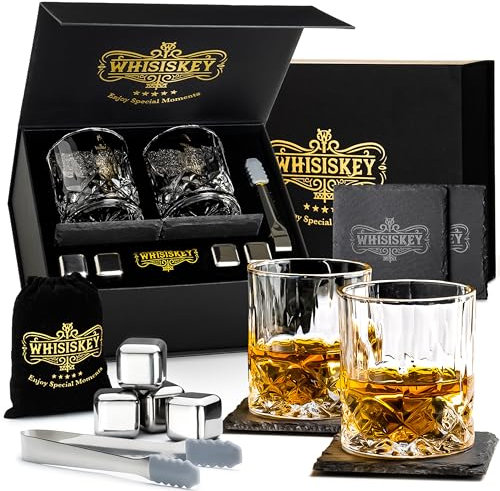 WHISISKEY Whisky Gläser Set - Whiskey Geschenkset Glas - Whiskygläser - Geschenke für Männer - Männergeschenke - Geburtstagsgeschenk Mann - Geschenkbox, 2 Rum Gläser x 310ML, 4 Whiskey Steine