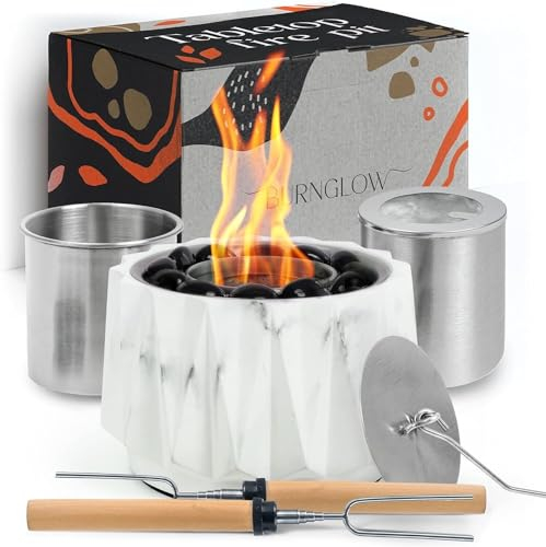 Burnglow Feuerstelle aus Beton, tragbar, Ethanol, mit marmorierter Textur, rauchfreier Mini-Kamin für drinnen und draußen, inklusive Glassteinen und 2 ausziehbaren Bratstäbchen