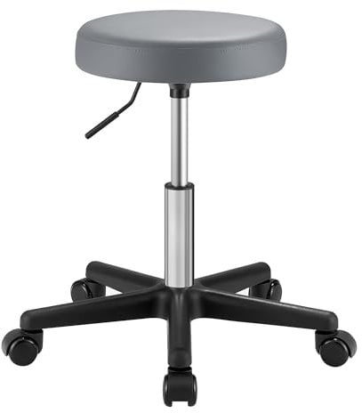SONGMICS Sgabello Girevole con Ruote, Altezza Regolabile 46-58 cm, Sgabello da Bar Imbottito Rivestito in PU, Sgabello da Lavoro per Studio Ufficio Salone di Bellezza, Grigio Tortora LJB061G01