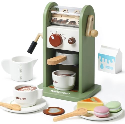 Smartwo Dinette Enfant en Bois Cafetière, Machine a Cafe pour Bebe, Service à Café et Gateaux en Bois, Accessoire Cuisine Enfant, Jouets de Jeu de Rôle Barista, Cadeau Fille Garçon 3 4 5 6 Ans