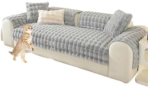 HYRAM Thick Rabbit Plush Sofa Cover Sofa Slipcover Corner, 3/2/1/4 Seater Universal Couch Cover,Universelle rutschfeste Couch Bezug L-Form Sofaschoner Katze, (45×45CM,Grey)