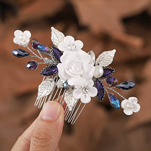Ushiny Blume Braut Hochzeit Haar Kamm Silber Kopfstück Strass Braut Haar Zubehör für Frauen
