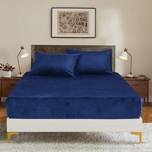 Luowei Winter Warme Spannbettlaken 200x200cm Cashmere Touch Kuschelig Flauschig Plüsch Dunkelblau Flanell Bettlaken Spannbetttuch für Boxspringbett Topper Matratze bis 30 cm Hohe