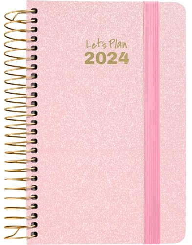 Grafoplás | Tagesplaner 2024, A6, Spanisch, 10,5 x 16,5 cm, Spanisch, fester Einband, metallisierter Stoffbezug, elastischer Reißverschluss, Pastellrosa, Serie Metallic