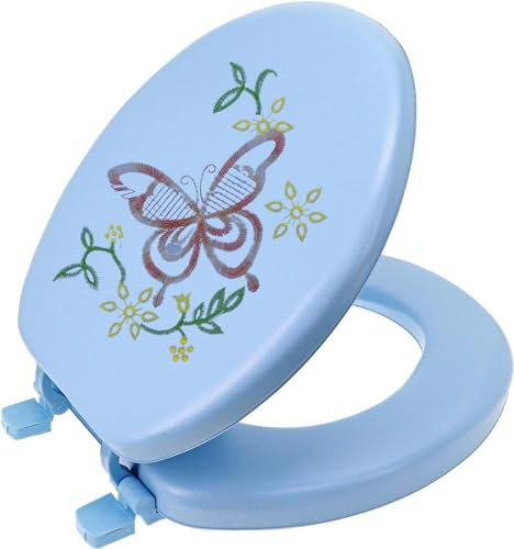 MAXPERKX 17 Embroidery Soft Cushion Toilet Seat Padded Foam Butterfly Adult Bathroom WC Soft Close Hygiene Sanitary Antimicrobial Toilet Seat (Blue)