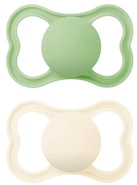 MAM Air Succhietto 6-16 Mesi (Set da 2), Ciuccio MAM 6-16 mesi per pelli sensibili e delicate, Kit 2 accessori neonato con tettarella in caucciù naturale e porta ciuccio sterilizzatore, Crema/Verde