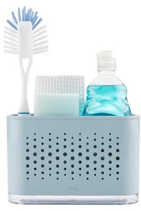 Minky Slimline Sink Tidy With Removable Drip Tray, Kitchen Storage Organiser, Brush and Sponge Holder, Cleaning Organiser, Made in The UK (Slate Blue)