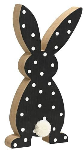 Kaemingk dekorativer putziger Osterhase aus Holz mit Puschel als Flache Silhouette in weiß mit schwarzen Streifen oder schwarz mit weißen Punkten (mittel)