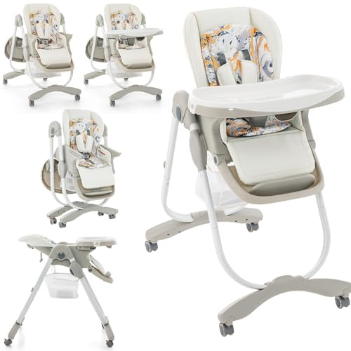 LIFEZEAL Chaise Haute Bébé Pliable avec Hauteur Réglable à 7 Positions, Dossier Inclinable, Chaise Haute Bebe Evolutive avec Coussin Confort, Double Plateau, Cardans, 6-36 mois,Charge 15 kg (Blanc)