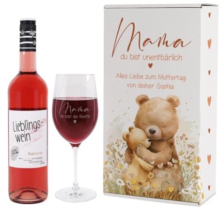Herz & Heim® Geschenkset zum Muttertag mit graviertem Weinglas, Weinflasche und Geschenkbox -Mama Du bist unentbärlich-, personalisiert (Rot)