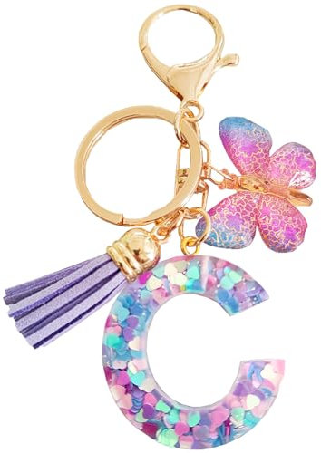 LECTNORE Key Ring Personalised Keyring, Key Rings Women Cute Keychain Personalised Keychain Bag Key Ring Sister Birthday Gifts Alphabet Keychain With Butterfly(Purple-C)