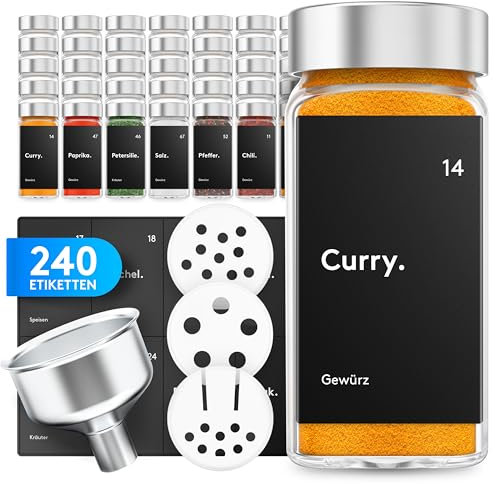 ZMILLA® Gewürzgläser Set [24 Stück] Eckig mit Streueinsatz | Inklusive 240 Etiketten + Acrylstift + Edelstahltrichter | Zur Aufbewahrung von Gewürzen