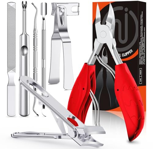 Toe Nail Clippers Set for Thick Ingrown Nails, Professional Nail Clippers with 45° Curve Blade and 360°Rotating Head Nail Clippers, Pedicure Sets for feet Toenail Scissors for Seniors Men Women,Red