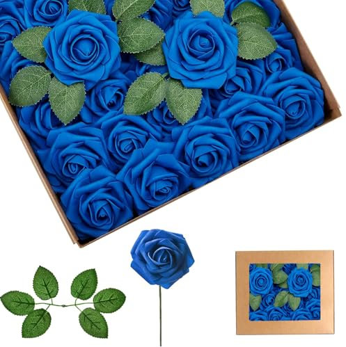yayafunfun Rose Schiuma Blu Navy,Teste di Fiori Artificiali 25 Pezzi,Rosa Finte Schiuma Teste di Rose Con Foglie, Rosa Artificiali in Gommapiuma per Matrimonio Bouquet Sposa Torte DIY Decorazioni