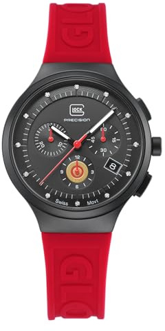 GLOCK Damen Quarz Uhr | 38mm Gehäuse | Armbanduhr mit Schwarzem Edelstahlgehäuse | Schwarzem Zifferblatt | Rotem Silikonarmband | 10ATM | GW-16-1-18