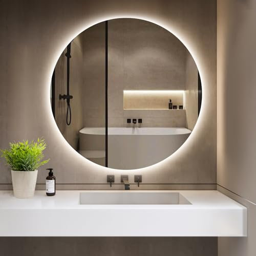 GIMBELEN Badspiegel mit Beleuchtung, Rund Badezimmerspiegel mit Beleuchtung, LED Spiegel mit Licht und Kaltweiß 6500 K, Wandschalter, Speicherfunktion, Explosionsgeschütztes Glas, Wandspiegel 50 cm