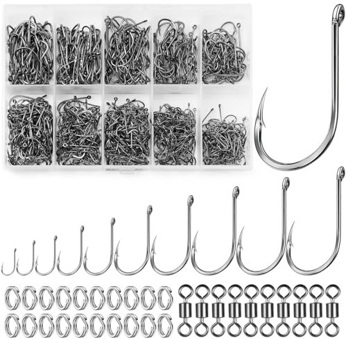 Realure 630 Pcs/10 Sizes Barbed Fishing Hooks with Fishing Split Rings & Rolling Fishing Swivels Set Carbon Steel Eyed Sea Circle Fish Hooks 12# 11# 10# 9# 8# 7# 6# 5# 4# 3# for Carp Tackle