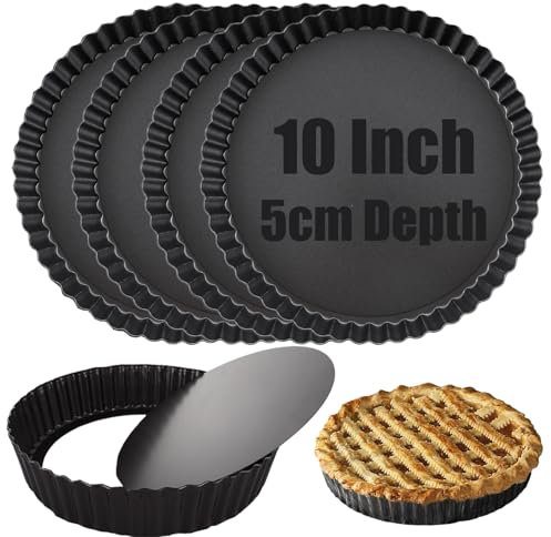 DAJAVE 4 Pcs 10 Inch Quiche Tin Deep Quiche Dish with Loose Bottom, Tart Tins for Baking Large Pie Tin Carbon Steel Flan Tins for Baking Quiches, Tart, Pie