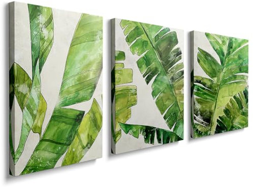 Green Ferns Wall Art Prints - Set of 3 Abstract Tropical Plant Decor Living Room Bedroom Bathroom Poster Home Decor Green Leaves Plants
