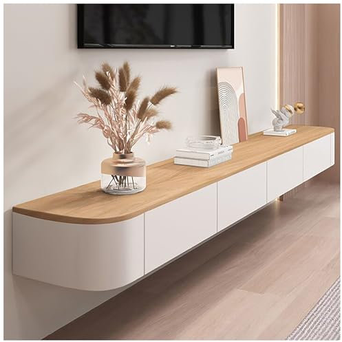 Meuble TV moderne flottant à fixation murale avec grand espace de rangement debout ou suspendu pour salon, centre de divertissement, banc TV, beige, 200 x 24 x 20 cm