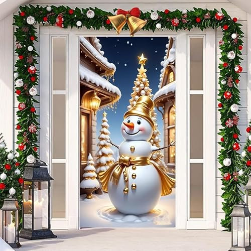 Surwin Forro Puerta Navidad,Muñeco de Nieve de Colores Adornos Navidad Decoración de Cubierta de Puerta de Navidad,Navidad Exterior Interior Casa, Pancarta de Navidad (90X200cm,Oro)