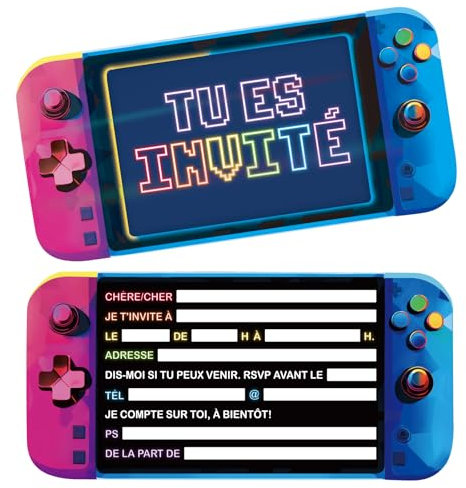 GEBETTER 12Pcs Carte Invitation Anniversaire Thème Jeux Vidéo Forme Console de Jeux pour Garçon Fille Enfant Fête Thématique