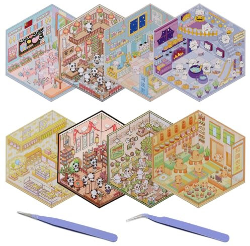8 Sets 3D House Stickers, Fun DIY Stickers Scene, Make Your Own Supermarket Coffee Shop Restaurant Bookstore, Cute Cartoon Scene Sticker Relief Stress Pass The Time
