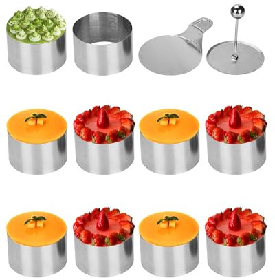 Kongming 10 Stück Dessertringe und Speiseringe Set Edelstahl Servierringe 8cm mit Heber & Stampfer Kleine Backringe Tortenring Nahtlose Anrichteringe für Herstellung Mousse Torten, Reiskugel