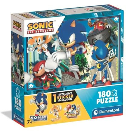 Clementoni - 29798 Children's Puzzle 180 Pieces Supercolor, for Children 7+ Years, Illustration with Sonic Cartoon Characters, with Sticker Included, Gift Idea, Made in Italy, 48.5 x 33.5 cm, 29798
