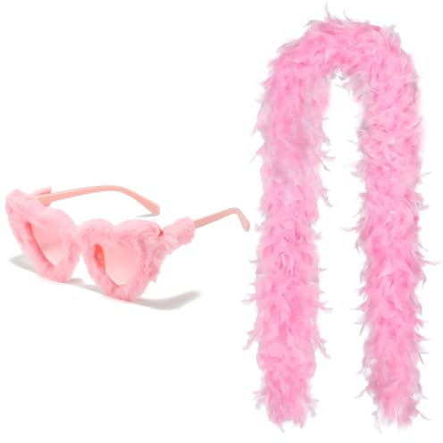 arrderly Rosa Federboa mit Herz Randlose Sonnenbrille Federschleife Federboas Multipack Damen Zubehör Perfekt für Karneval Halloween Cosplay Party Dekorationen