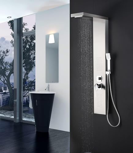 Elbe Pannello doccia in acciaio inox per montaggio ad angolo 4-funzioni con doccia a pioggia, set doccia con doccetta, doccia a pioggia, 2 docce massaggianti, doccia a cascata, miscelatore doccia set