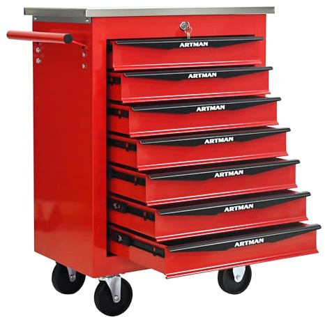 Boîte à outils à rouler avec tiroirs, Armoire de stockage d'outils en acier avec poignée, Roues verrouillables, Boîte d'organisateur d'outils pour atelier de garage (rouge noir,7 Tiroir)